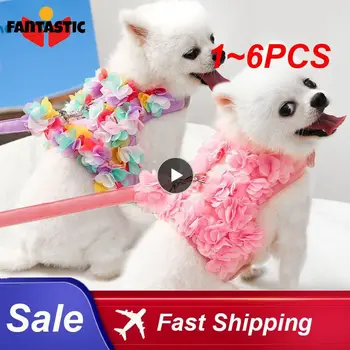 1-6 бр. луксозен комплект колан и каишка за кучета за момичета-цветя, мека регулируема дишаща мрежа, скъпа жилетка за сигурност за малки кученца с цветен модел.