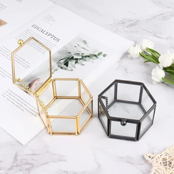 1 бр. Креативна е геометрична стъклен ковчег за бижута, органайзер за бижута кутия за пръстени, златен Черен цвят, сватбен подарък, за съхранение на бижута