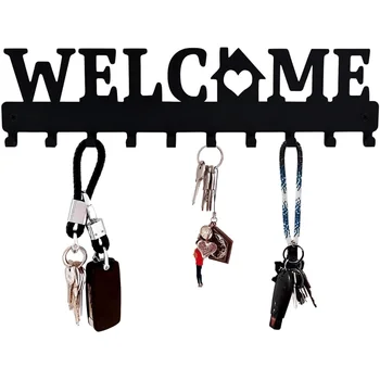 10 Куки, държач за ключове на стената, черен метален държач за ключове, декоративни стенни закачалка за ключове в стил WELCOME Design За стенни закачалки за ключове