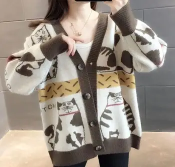 2022, Дамски дрехи, за пуловери, модерен жилетка с изображение на котка и животни, дамски блузи оверсайз, Корейски възли пуловери, палта, женски жилетка