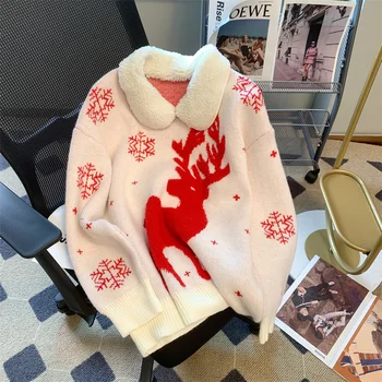 2022 Нов Зимен Женски Чанти Свободен пуловер, пуловер, Висококачествен Коледен пуловер с яка от жаккардового кожа с хубави елени