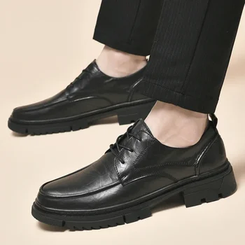 2023 Висококачествени мъжки Ежедневни обувки кожени обувки дантела Есенни водоустойчив лоферы на солидна платформа с кръгло бомбе, увеличаване на растежа