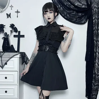 2023 Мини рокля в готически стил, Черни рокли без ръкави с волани за жени, Тъмна Лолита, Реколта дрехи в стил Фея Гръндж.