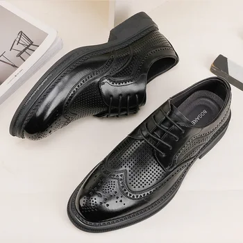 2023 Нова лятна мъжка Официална бизнес обувки, Дишаща Мъжки броги от естествена кожа с дупки, Oxfords, Черен