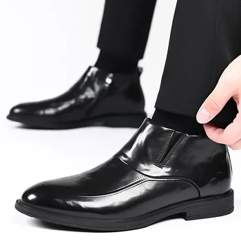 2023 Обувки за Мъже; Универсална Мъжки Ежедневни Обувки; Градинска Сватба Кожени Обувки С Остър Пръсти И Страничния Цип На Нисък Ток; Шевна Однотонная Обувки За Мъже