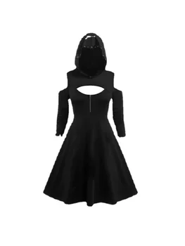 2024 Ново Мини рокля в тъмно ретро готически стил, за пролетните жени, обикновена рокля с дълъг ръкав и по-отворени рамене, Женствена рокля в стил steampunk с цип