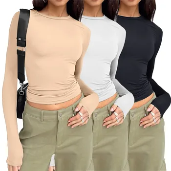 3 предмет, дамски ежедневни ризи с дълъг ръкав, пролет-есен, обикновена приталенные пуловери, тениски, дамски градинска облекло, основни тениски, потници