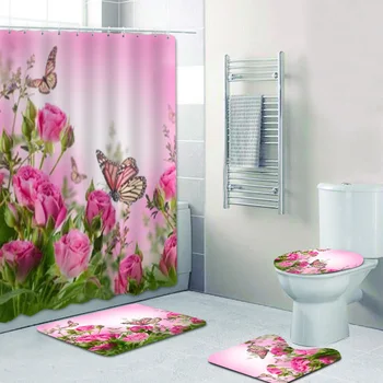 3D Букет от розови рози и пеперуди Комплект завеси за душ в банята Градински цветя, Цветни завеси за баня Изтривалка за тоалетна