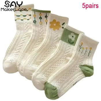 5 двойки Японски Бели Памучни Чорапи С Къс тюбиком, Абсорбираща Потта, Дезодоранти, Дамски Къси Чорапи С Къс тюбиком, Пресни Чорапи В Дребния Цвете