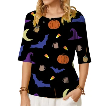 CLOOCL Женска тениска Тъмни цветове, Тениска с Изображение на Луната, Тикви, прилепи, Графичен Принт, Тениска със Средния Ръкав и Копчета, Потници, Облекло за парти на Хелоуин