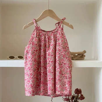 Congme/ Лято модерни дрехи за момичета, рокли за малки деца, на Корейското Розова ежедневна рокля без ръкави с цветен печат, Скъпа пола принцеса