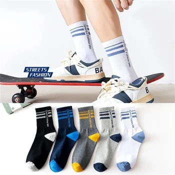 Dreamlikelin, 5 чифта / лот, чорапи, мъжки есенно-зимни обикновена спортни чорапи с писмото принтом, мъжки дишащи чорапи със средна дължина