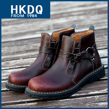 HKDQ/ 2023; Мъжки кожени обувки с високо качество; сезон Есен-зима; Модерен мъжки ботильоны без стягане; Улични Нескользящие Мъжки обувки с висок берцем