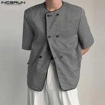 INCERUN Върховете 2023, мъжки ежедневни костюми, без яка, в корейски стил, палта, стилни универсален жилетка с къси ръкави, блейзър S-5XL