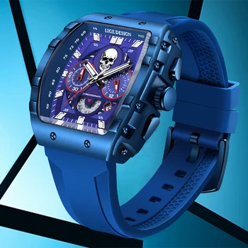 LIGE Модерни ежедневни Квадратни кварцов мъжки часовник, Луксозен Череп, Спортен Силиконов каучук, Водоустойчиви часовници за мъже, ръчен часовник с дата