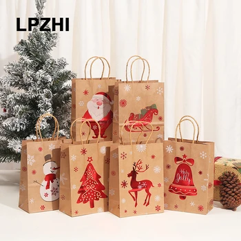 LPZHI 12шт Хартиени пакети за коледа картингов с дръжка Дядо Коледа, Снежен човек Домашна Коледна парти за Опаковане на бонбони, Сувенири за декорация на подаръци