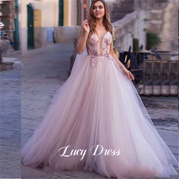 Lucy Mesh Гостевое сватбена рокля за партита, Дамски елегантни луксозни бални рокли с пола-фея, вечерни рокли, Дамски абитуриентски рокли с V-образно деколте, Розов