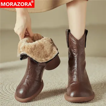 MORAZORA/ Новост 2024; Дамски Обувки от естествена Кожа с цип С кръгла пръсти; Ботильоны на високо масивна ток; Вълнени Топли Зимни Обувки