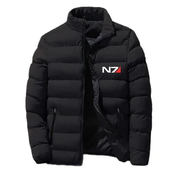 N7 Mass Effect 2023, Нови мъжки зимни топлото ветрозащитная памучен яке, Модерен случайни топ с цип, с качулка и дебела принтом