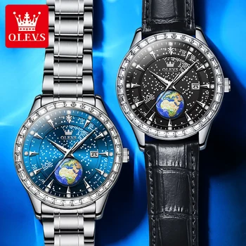 OLEVS 9967 Кварцов мъжки часовник Най-добрата марка на Луксозни Оригинален Дизайн Earth Небе с диаманти Водоустойчив Ръчен Часовник от неръждаема стомана Подаръци