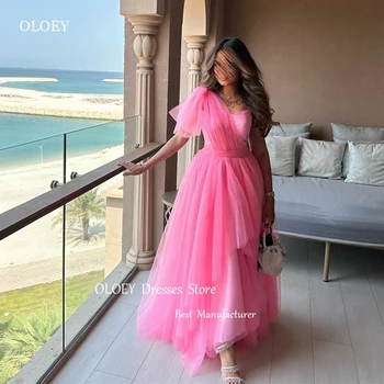 OLOEY Pink, Саудовско-Арабски Дамски официални рокли за сватбени партита, тюлевые принцесата рокли с дължина до пода, на едното рамо, Vestidos
