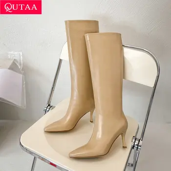QUTAA 2024 INS, дамски ботуши до коляното, есенно-зимни обувки от естествена кожа на тънките високи токчета, женските мотоциклетни ботуши, Размер 34-39