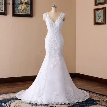 Robe de Mariee, V-образно деколте, секси върти, сватбени рокли стил русалка, Дантелени апликации, мъниста, Бяла сватбена рокля