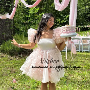Viisher/ Розови къси рокли за бала Фея с къс ръкав, пищни вечерна рокля трапецовидна форма от органза за тийнейджъри, выпускное рокля за висше образование, посветена на завръщането у дома