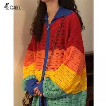 Y2KI-Женски жилетка с цип в цветна ивица, ежедневие пуловер, връхни дрехи, пролет и есен, Y2KI