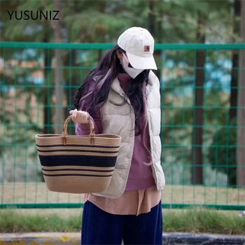 YUSUNIZ Модни дамски чанта От памучна нишка Тканая чанта с Голям капацитет Тканая чанта Проста раирана дамска чанта-тоут Чанта за съхранение