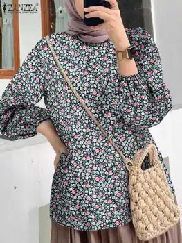 ZANAZEA Елегантна мюсюлманска блуза, Пролетни блузи с пищни ръкави и цветисти принтом, Артистична и стилна риза, Дамски реколта вечерна риза 2023