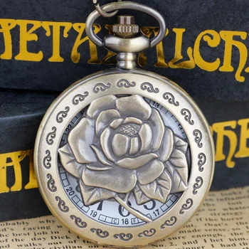 Антични Бронзови Роза, выдолбленный дизайн, Дърворезба, Кристални джобни часовници, Медальон, Подарък за жени