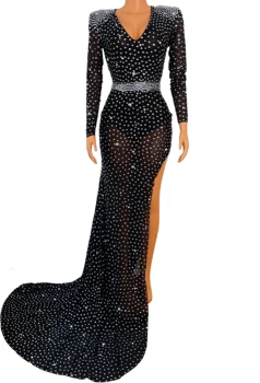 Блестящи камъни 3 Цвят телесен цвят Черен Червен Вечер Празнична рокля с дълъг влак Танцов костюм за бала Лъскав костюм за рождения Ден