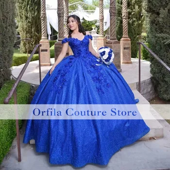 Буйни рокли принцеса на Кралския син цвят 2022 С открити рамене Апликации на Дантела Sweet 15 Блестящи Вечерни Рокли за Рожден Ден на Потребителски размер
