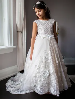 Бяла сватбена рокля с флорални апликации за момичета-момичета цвете, шапчица с ръкав и украшение на шията си, елегантна рокля за малки деца, детски рокли за първо причастие