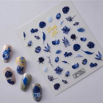 В китайски стил, Чернильная Вода, Сини Цветя, 3D самозалепващи Етикети за дизайн на ноктите, стикери за маникюр от зелен бамбук на Едро