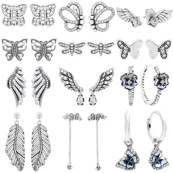 Величествени пера, пеперуди-водни кончета, Крило на Ангел С кристал серьгой, обеци от сребро 925 проба, модни бижута със собствените си ръце