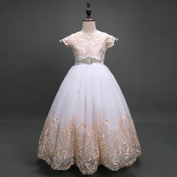 Вечерна рокля на шаферка за момичета Дълга бална рокля за сватбени партита С бяло цвете, Вечерна рокля за първо Причастие, Vestidos 11-12 ГОДИНИ