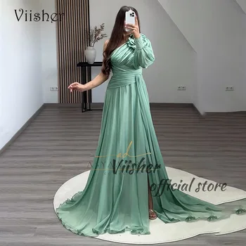 Вечерни рокли Viisher от шифон с цвят на морска вълна Трапецовидна форма с дълги ръкави и цепка отстрани, вечерна рокля в Дубай, Арабските вечерни рокли