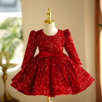 Висококачествено детско сватбена вечерна рокля с пайети, дрехи за парти в чест на рождения ден на детето, на кръщението, на червено коледна рокля за момичета A3297