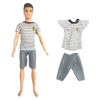 Гореща 1 Готина тениска в черно-бяла ивица + имитация на сини дънкови къси панталони за момче-кукла Кен, подаръчни аксесоари