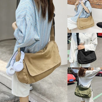 Дамска чанта-скитник от холщовой тъкан, мека наплечная чанта с припокриване, Y2K за студентски отдих, училищни книга среден размер, чанта за лаптоп, странични чанта-месинджър