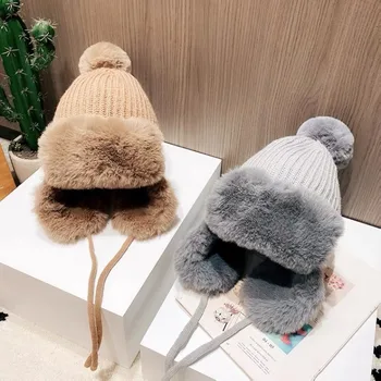 Дамски вълнена шапка със защитата на ушите, зимни удебелена морозостойкая плюшен топла зимна шапка, ски шапка