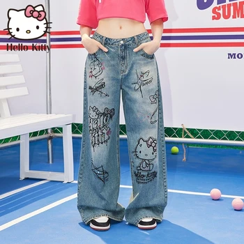 Дамски дънки Sanrio Hot Diamond Hello Kitty с графити, дънкови панталони American High Street Girl, Нови Свободни всекидневни спортни панталони в подарък
