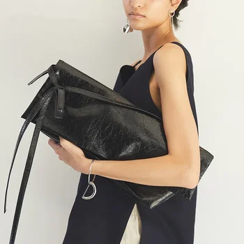 Дамски кожени чанти от маслен восък, чанта през рамо с голям капацитет, черни Мека чанта през рамо за жени, висококачествен клатч, чанти под мишниците.