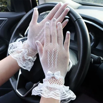 Дамски модни Мрежести Дантелени ръкавици Булка, Сватбената парти Зад волана на Летните Устойчиви на uv Бели Черни ръкавици за пръстите на Елегантни Дамски къси ръкавици