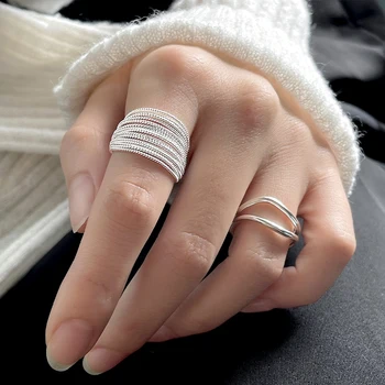 Дамски модни откриване на пръстени двухструнное пръстен от сребристи цветове с многопластов дизайн, многослойни вити фини пръстени, регулируеми бижута