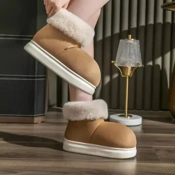 Дамски обувки 2023, модни дамски обувки без обков, зимни зимни обувки с кръгло бомбе и плюшено флисом за топлина, къси зимни ботуши на равна подметка