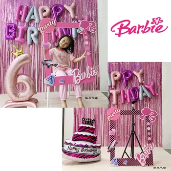 Декорация на партита Барби Аниме Скъпа Мультяшная Фоторамка Kawai Розова Тема сцена на рождения Ден на Празнична лента балони