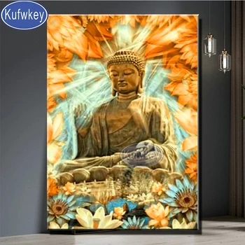 Диамантена живопис Статуя на Буда Пълна Квадратна Диамантена мозайка Кристали и Бродерии Религиозната Живопис кръст бод Декора на стените